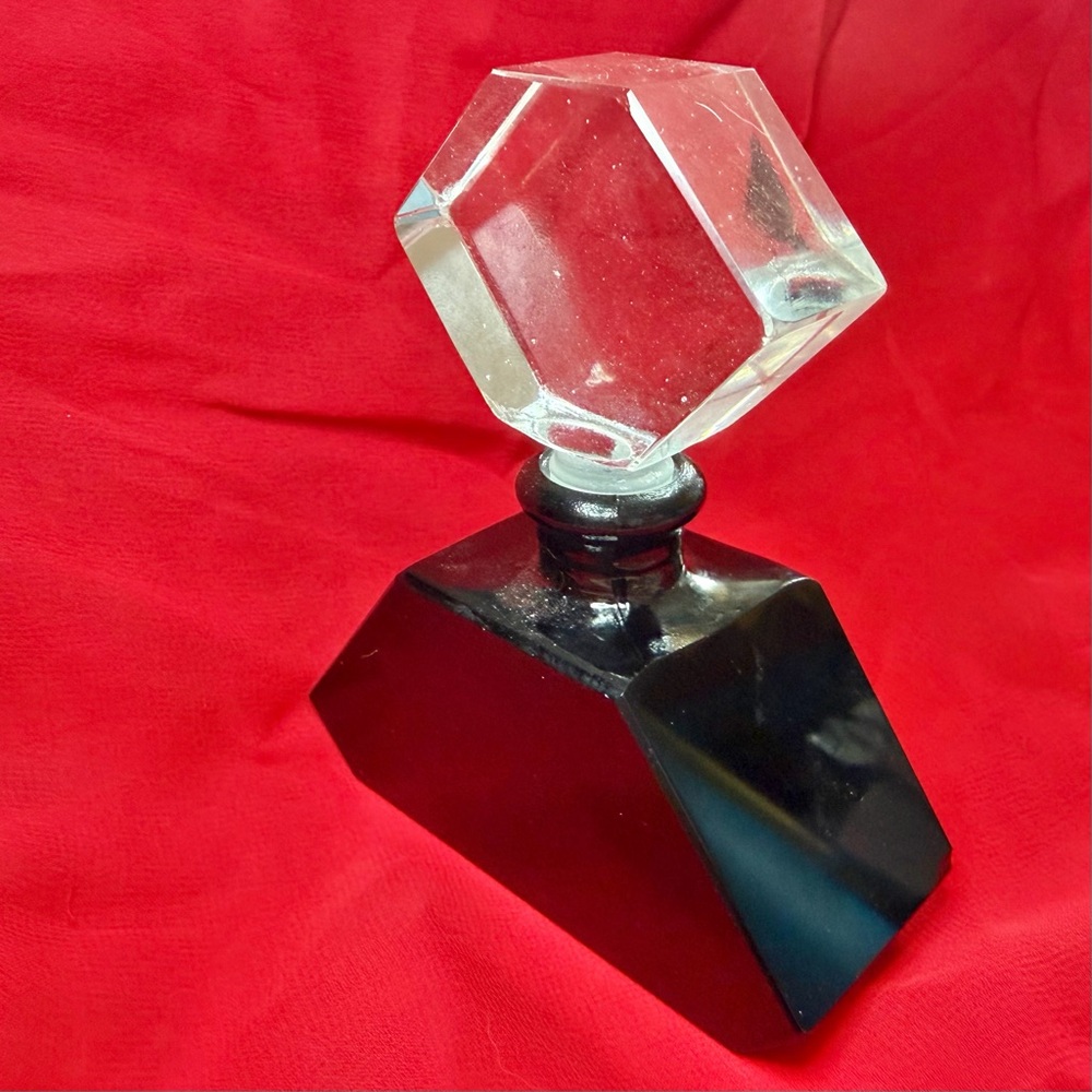 vintage Czech Art Deco black glass perfume bottle with a clear crystal stopper
